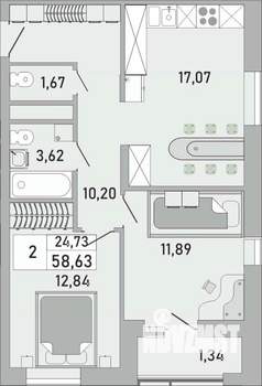 2-к квартира, строящийся дом, 59м2, 24/24 этаж