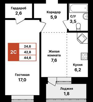 2-к квартира, вторичка, 45м2, 7/8 этаж