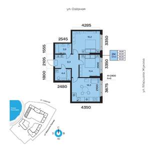 2-к квартира, вторичка, 61м2, 18/32 этаж