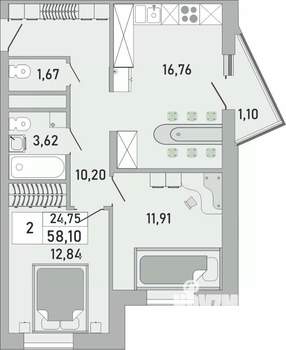 2-к квартира, вторичка, 58м2, 16/24 этаж