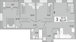 3-к квартира, строящийся дом, 82м2, 13/24 этаж