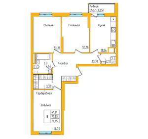 3-к квартира, строящийся дом, 79м2, 18/27 этаж