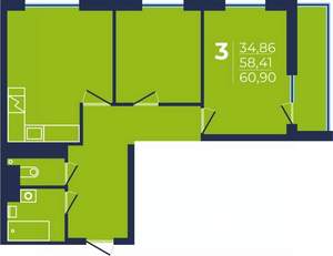 3-к квартира, строящийся дом, 61м2, 20/25 этаж