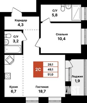 2-к квартира, вторичка, 51м2, 3/8 этаж