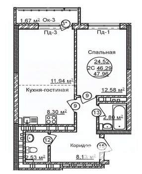 2-к квартира, вторичка, 48м2, 6/25 этаж