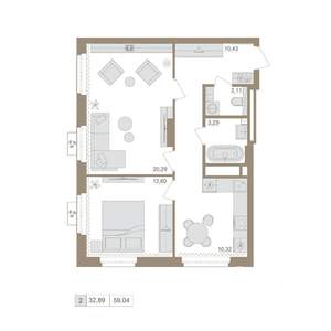 2-к квартира, вторичка, 59м2, 2/20 этаж