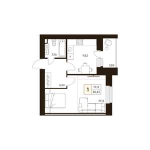 1-к квартира, строящийся дом, 40м2, 7/10 этаж