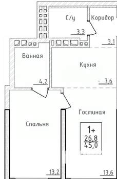 2-к квартира, вторичка, 45м2, 2/25 этаж