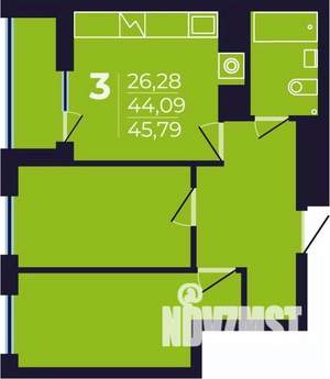 3-к квартира, строящийся дом, 46м2, 13/25 этаж