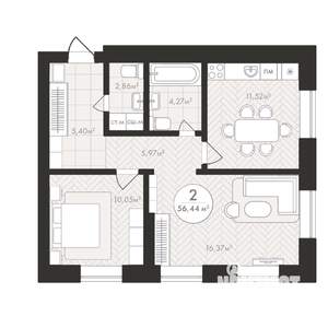 2-к квартира, строящийся дом, 56м2, 7/24 этаж