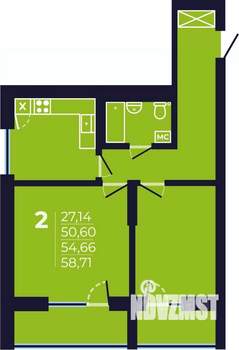 2-к квартира, строящийся дом, 55м2, 22/25 этаж