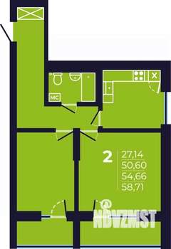 2-к квартира, строящийся дом, 55м2, 6/25 этаж