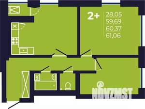 2-к квартира, строящийся дом, 61м2, 18/25 этаж