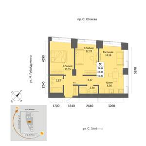 3-к квартира, вторичка, 60м2, 13/32 этаж