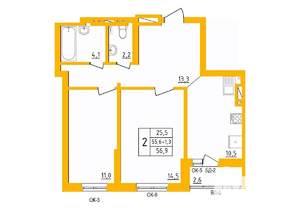 2-к квартира, строящийся дом, 57м2, 9/27 этаж