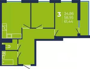 3-к квартира, строящийся дом, 61м2, 5/25 этаж