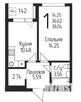 1-к квартира, вторичка, 38м2, 6/25 этаж