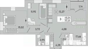 3-к квартира, строящийся дом, 77м2, 11/24 этаж