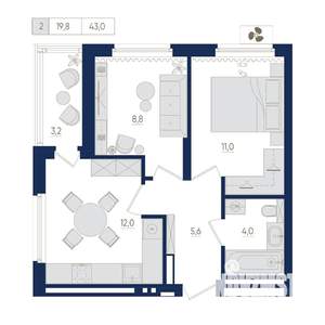 2-к квартира, вторичка, 43м2, 15/22 этаж