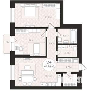 2-к квартира, строящийся дом, 67м2, 5/24 этаж