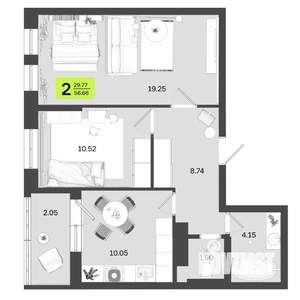 2-к квартира, сданный дом, 57м2, 3/14 этаж