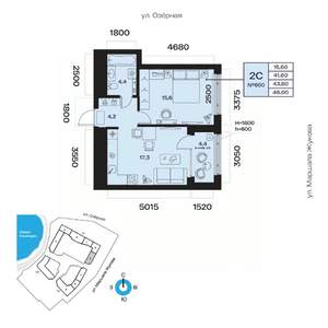 2-к квартира, вторичка, 44м2, 13/32 этаж