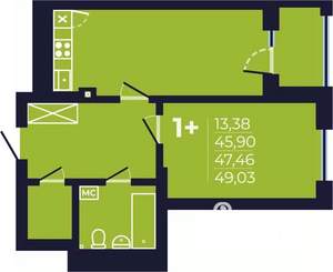1-к квартира, строящийся дом, 48м2, 4/25 этаж