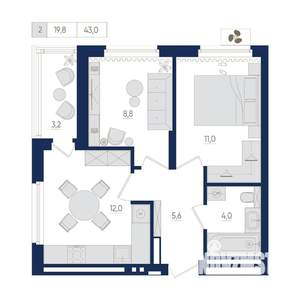 2-к квартира, вторичка, 43м2, 14/22 этаж
