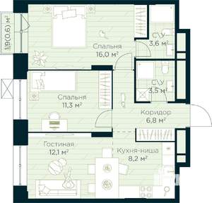 2-к квартира, строящийся дом, 62м2, 4/30 этаж