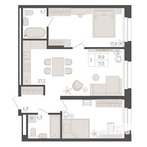 2-к квартира, вторичка, 72м2, 13/18 этаж