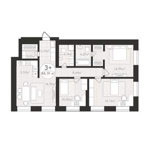 3-к квартира, строящийся дом, 87м2, 13/24 этаж