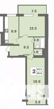 2-к квартира, вторичка, 59м2, 7/12 этаж