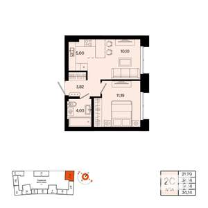 2-к квартира, вторичка, 34м2, 3/20 этаж