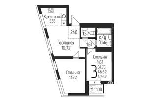 3-к квартира, вторичка, 48м2, 23/24 этаж