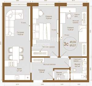 3-к квартира, вторичка, 69м2, 12/25 этаж