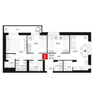 3-к квартира, вторичка, 88м2, 2/15 этаж