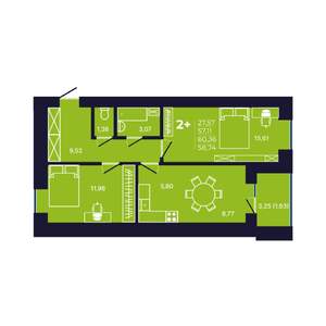 2-к квартира, строящийся дом, 59м2, 2/12 этаж
