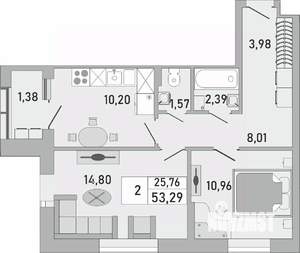 2-к квартира, строящийся дом, 53м2, 17/24 этаж
