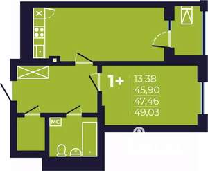 1-к квартира, строящийся дом, 48м2, 25/25 этаж