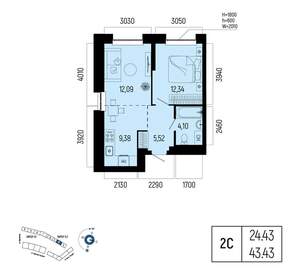 2-к квартира, вторичка, 43м2, 14/25 этаж