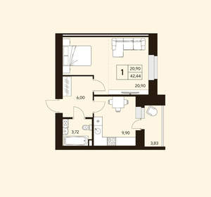 1-к квартира, вторичка, 42м2, 6/10 этаж