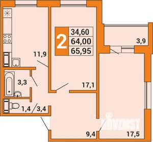 2-к квартира, строящийся дом, 66м2, 1/16 этаж
