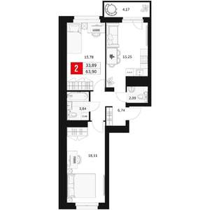 2-к квартира, вторичка, 64м2, 2/15 этаж