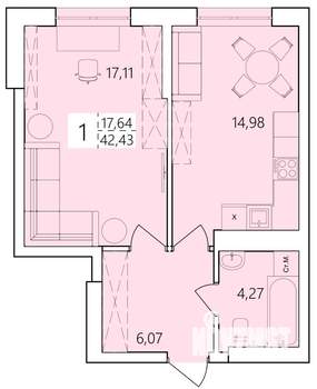 1-к квартира, строящийся дом, 42м2, 19/25 этаж