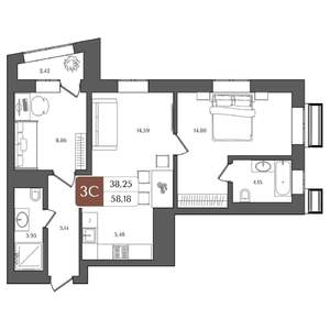 3-к квартира, вторичка, 58м2, 2/21 этаж