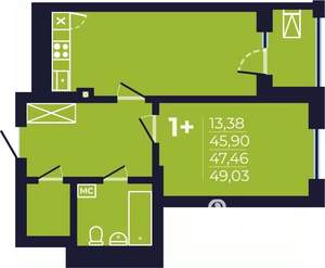 1-к квартира, строящийся дом, 48м2, 18/25 этаж