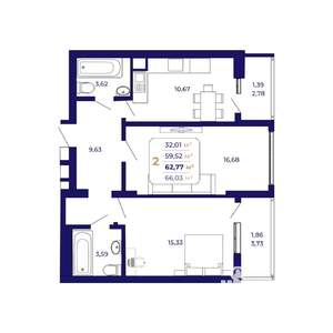 2-к квартира, вторичка, 63м2, 6/25 этаж