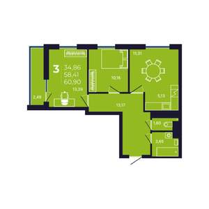 3-к квартира, вторичка, 61м2, 18/25 этаж