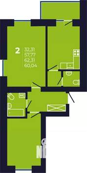 2-к квартира, строящийся дом, 60м2, 6/12 этаж