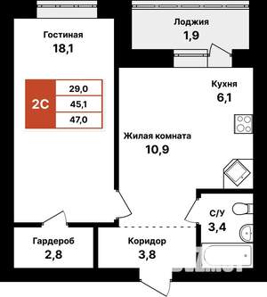 2-к квартира, вторичка, 47м2, 3/8 этаж